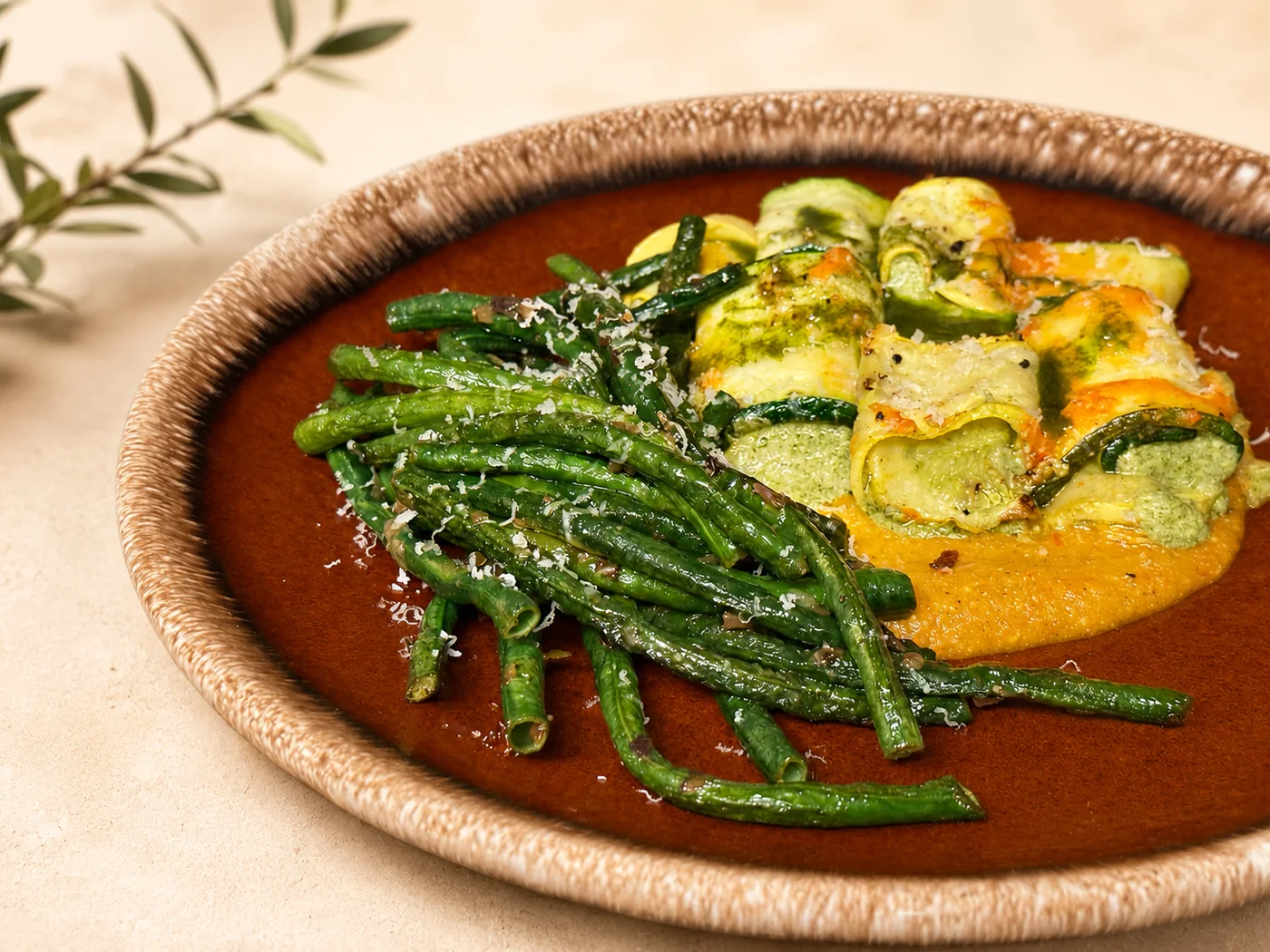 Vegetable-filled zucchini rolls with green beans on a warm earthenware plate